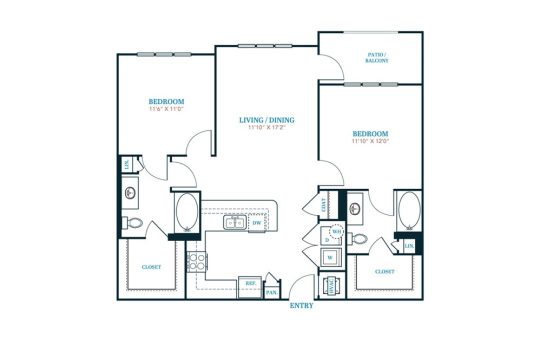 floor plan for the two bedroom apartment at The Twin Creeks Crossing