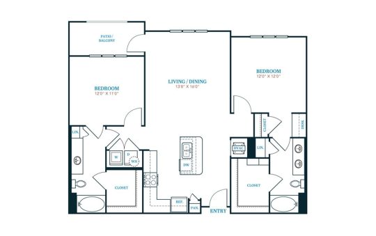 floor plan for the two bedroom apartment at The Twin Creeks Crossing